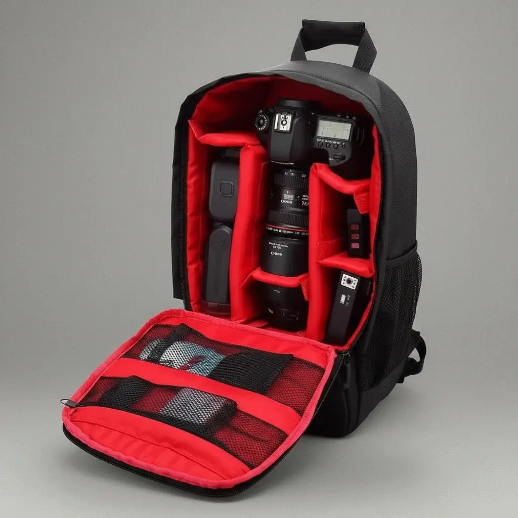 Intérieur du sac à dos étanche antivol appareil photo Rouge, compartiments de protection pour appareil photo