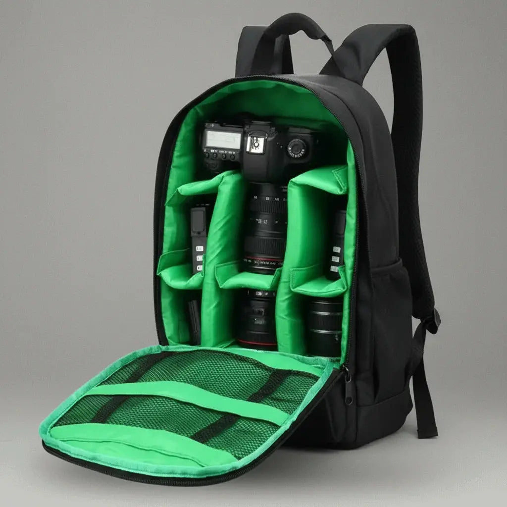 Sac à dos étanche antivol appareil photo Vert, vue intérieur avec compartiments