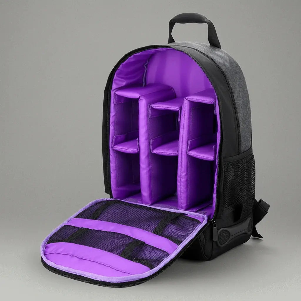 Détail du système de fermeture étanche et antivol du sac à dos étanche antivol appareil photo Violet