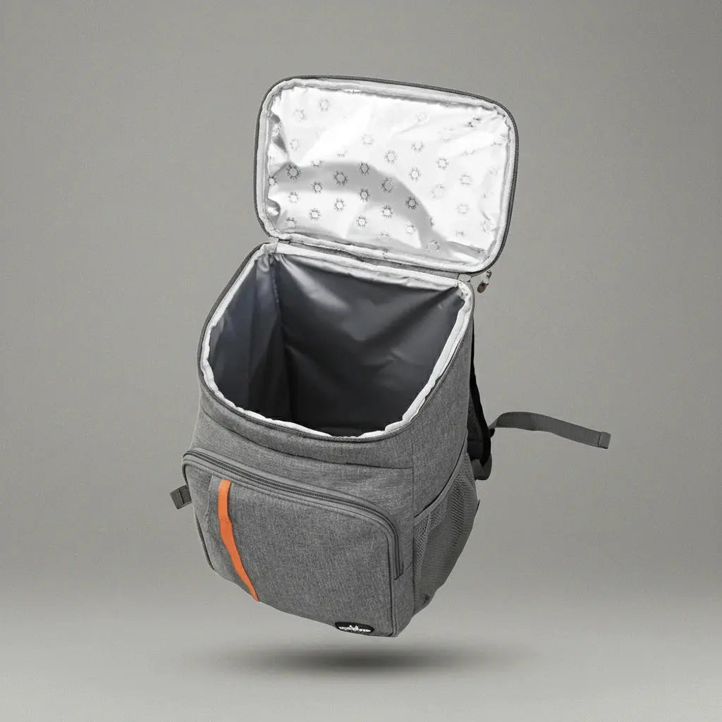 Sac à dos étanche isotherme Gris, intérieur ouvert avec doublure isolante