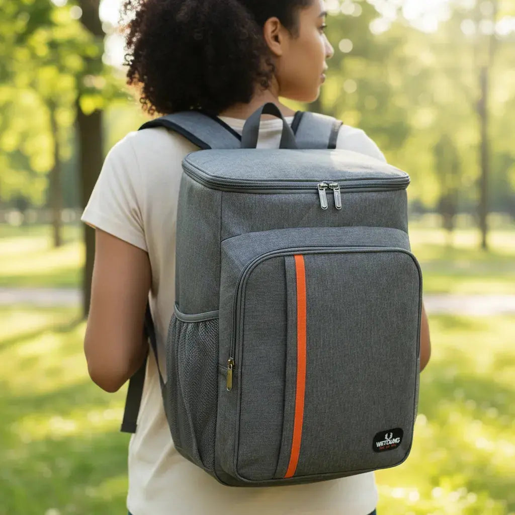 Sac à dos étanche isotherme Gris porté sur le dos en extérieur