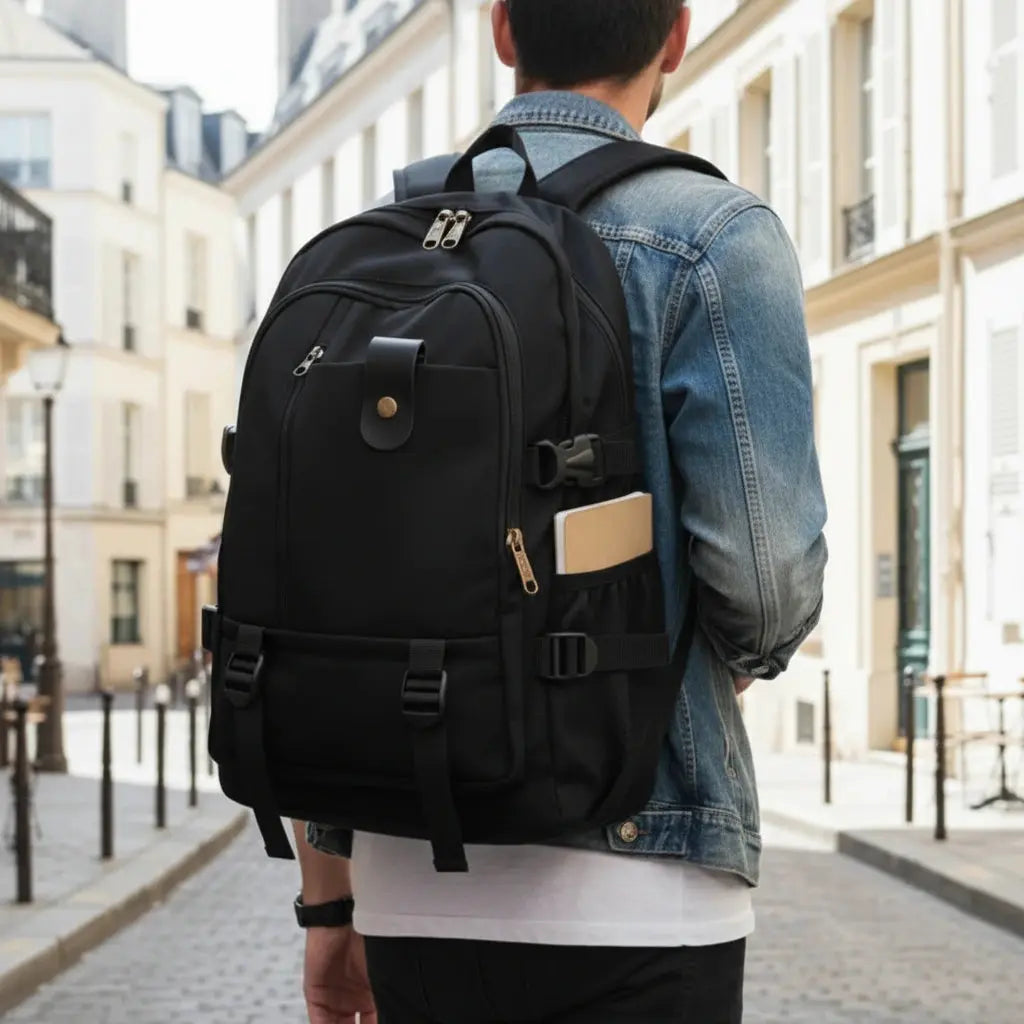 Sac à dos étudiant homme Noir porté de dos en ville
