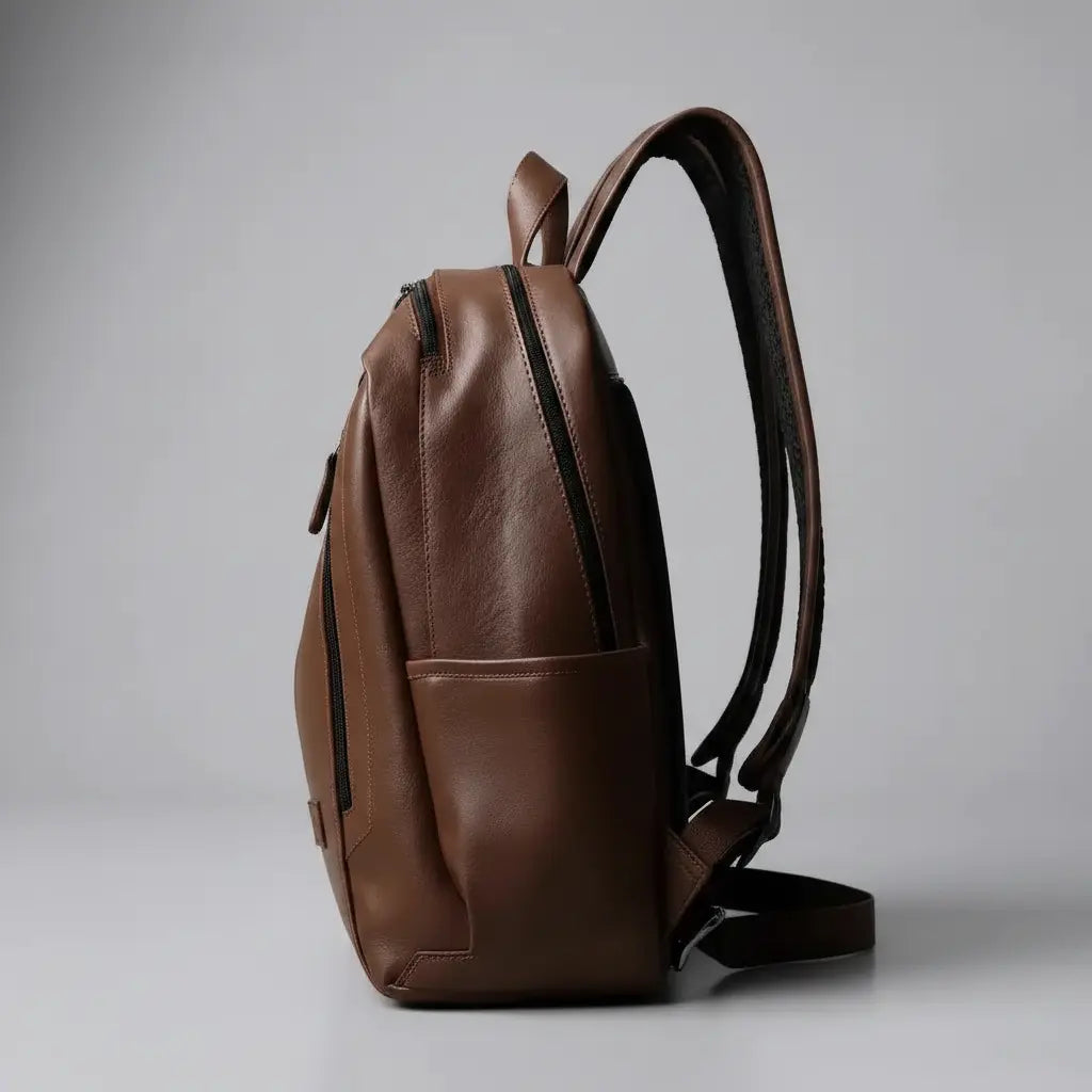 Sac à dos femme élégant cuir café, vue de profil