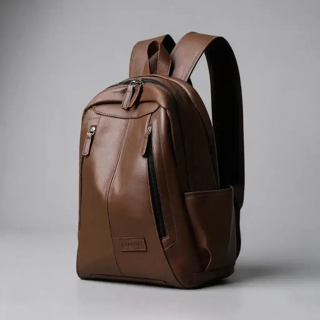 Sac à dos femme élégant cuir Café de trois quarts sur fond neutre