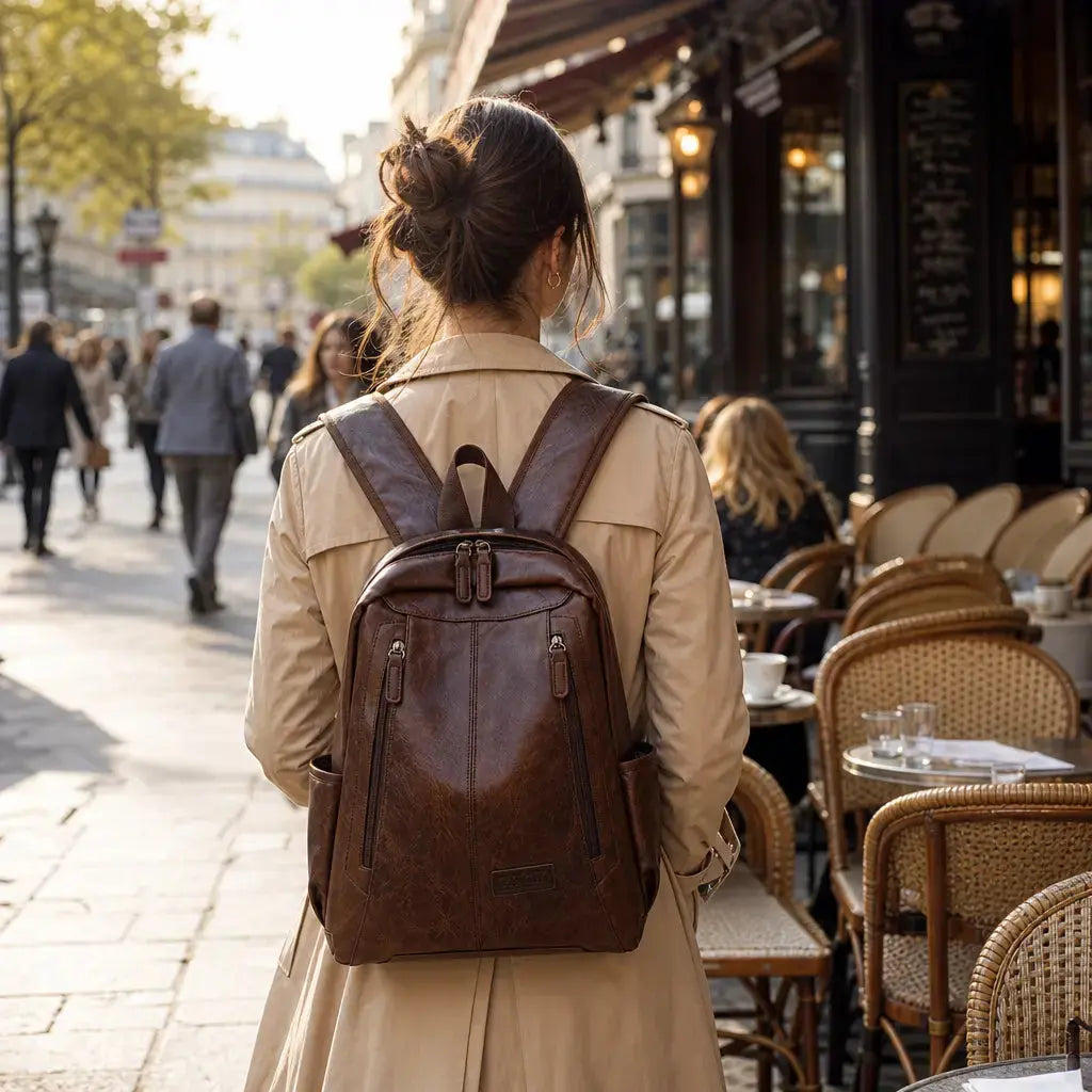 Sac à dos femme élégant cuir Café porté par une femme devant un café parisien