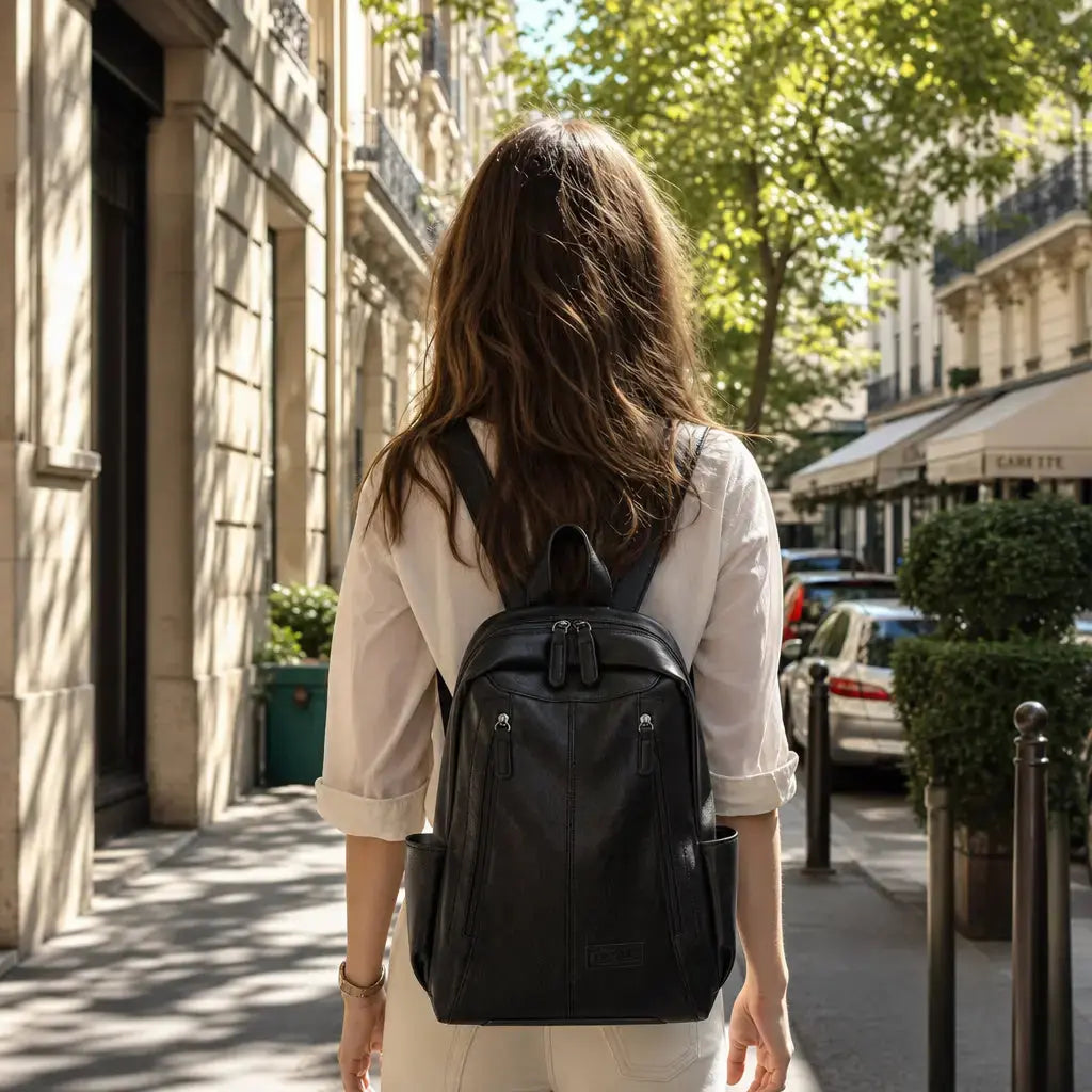 Sac à dos femme élégant cuir Noir porté par une femme dans une rue de Paris