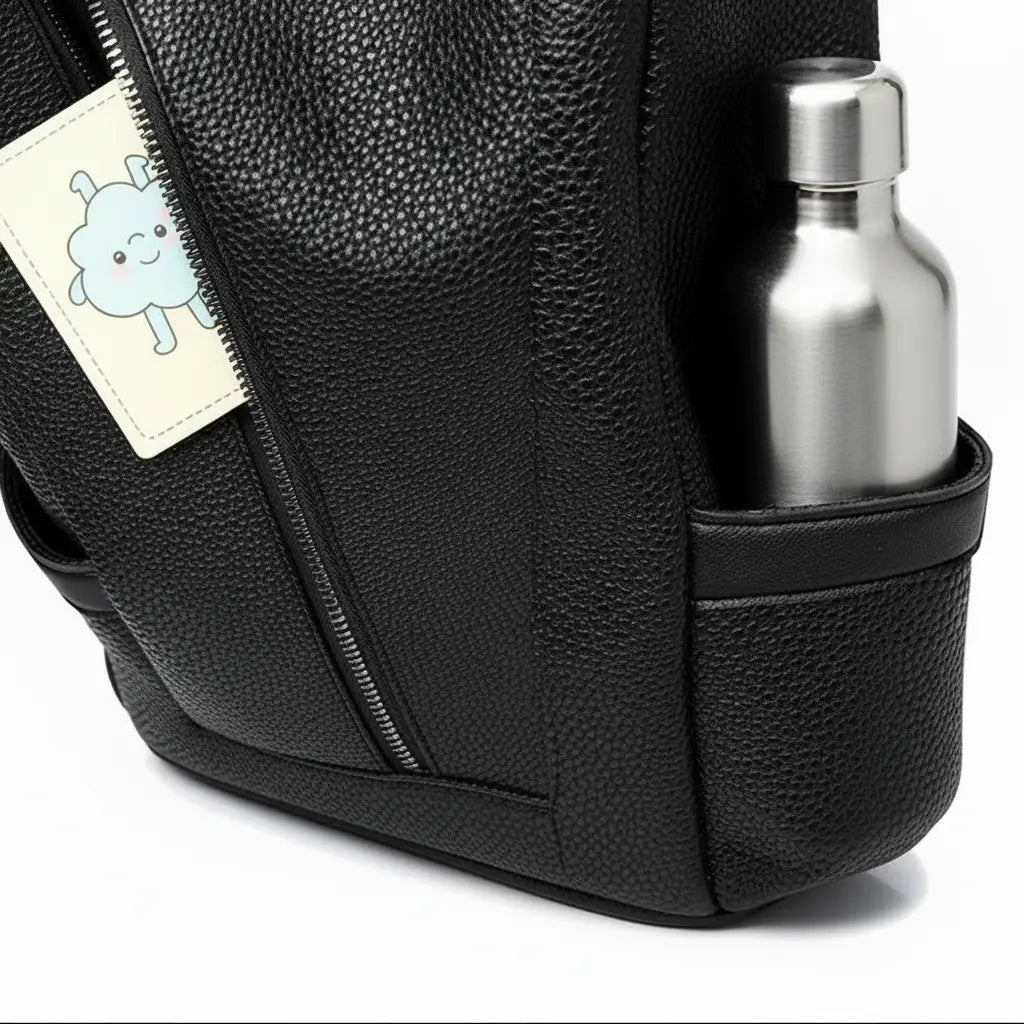 Sac à dos femme pratique Noir, détail de la poche latérale extérieure