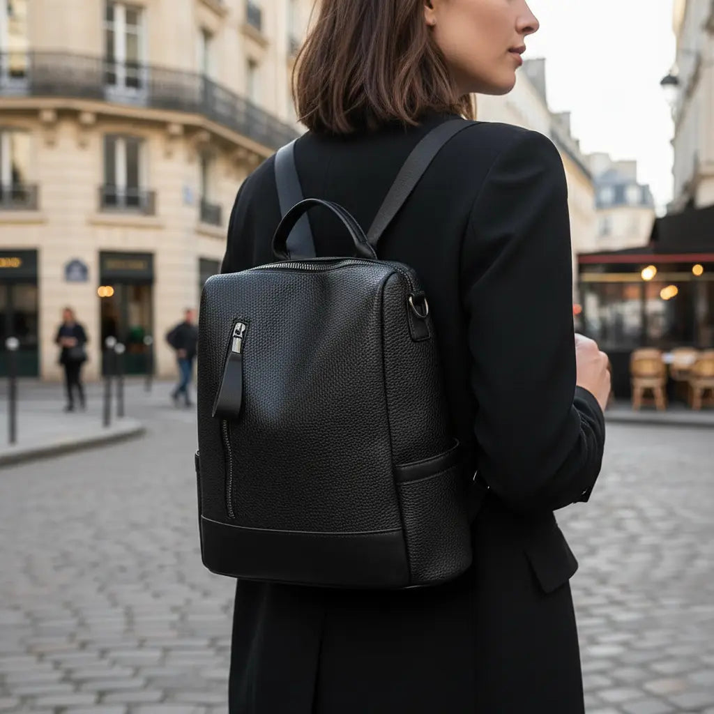 Sac à dos femme pratique Noir porté par une femme en ville