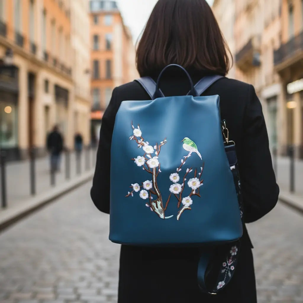 Sac à dos femme sakura Bleu porté par une femme en promenade en ville