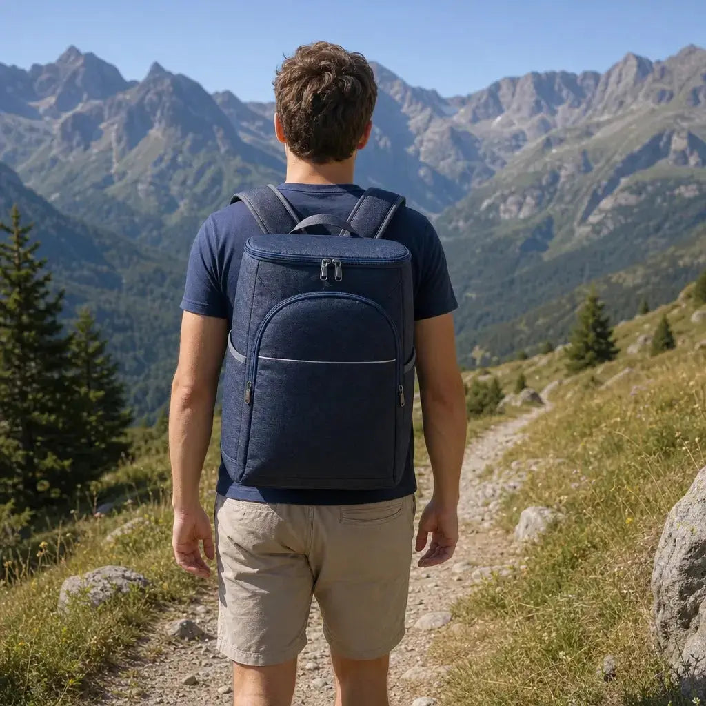 Sac à dos glacière randonnée Bleu marine sur un sentier ensoleillé en pleine nature