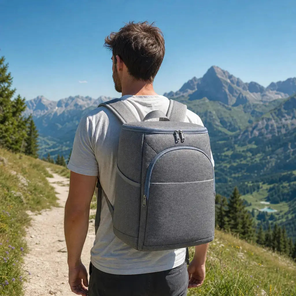 Sac à dos glacière randonnée Gris porté par un randonneur en haute montagne