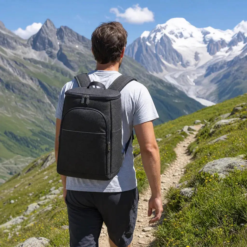 Sac à dos glacière randonnée Noir sur les épaules d'un homme face aux sommets