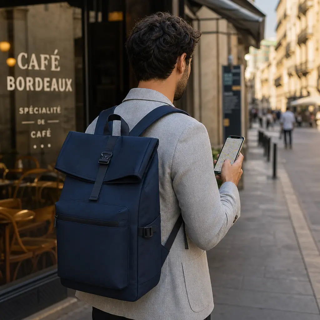 Sac à dos homme rolltop Bleu porté par un professionnel pressé à Bordeaux