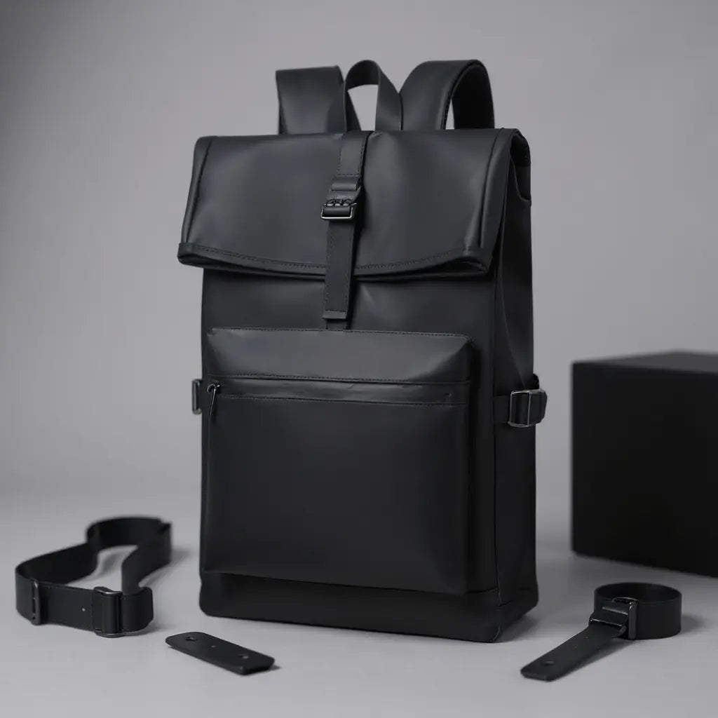 Vue du sac à dos homme rolltop noir avec des accessoires autour