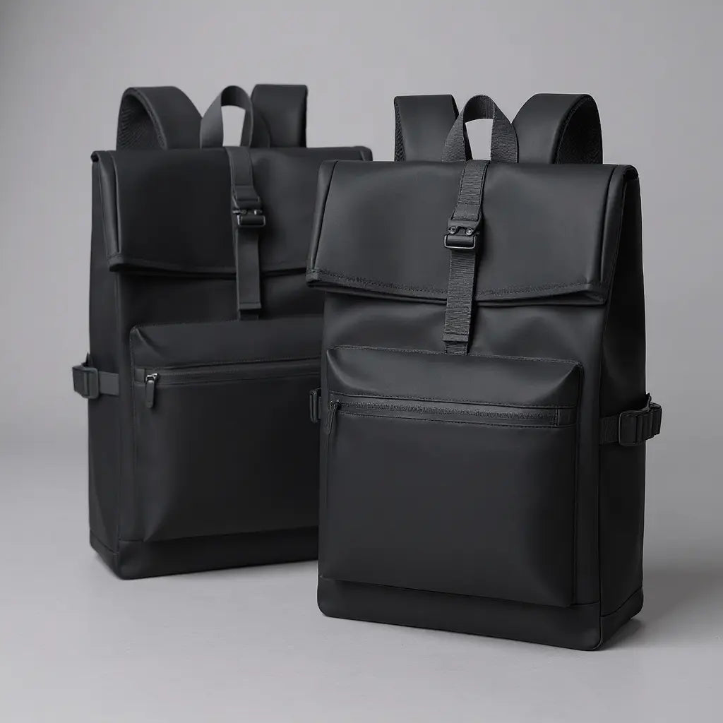 Deux sacs à dos homme rolltop Noirs, l'un vue de face et l'autre vue de profil