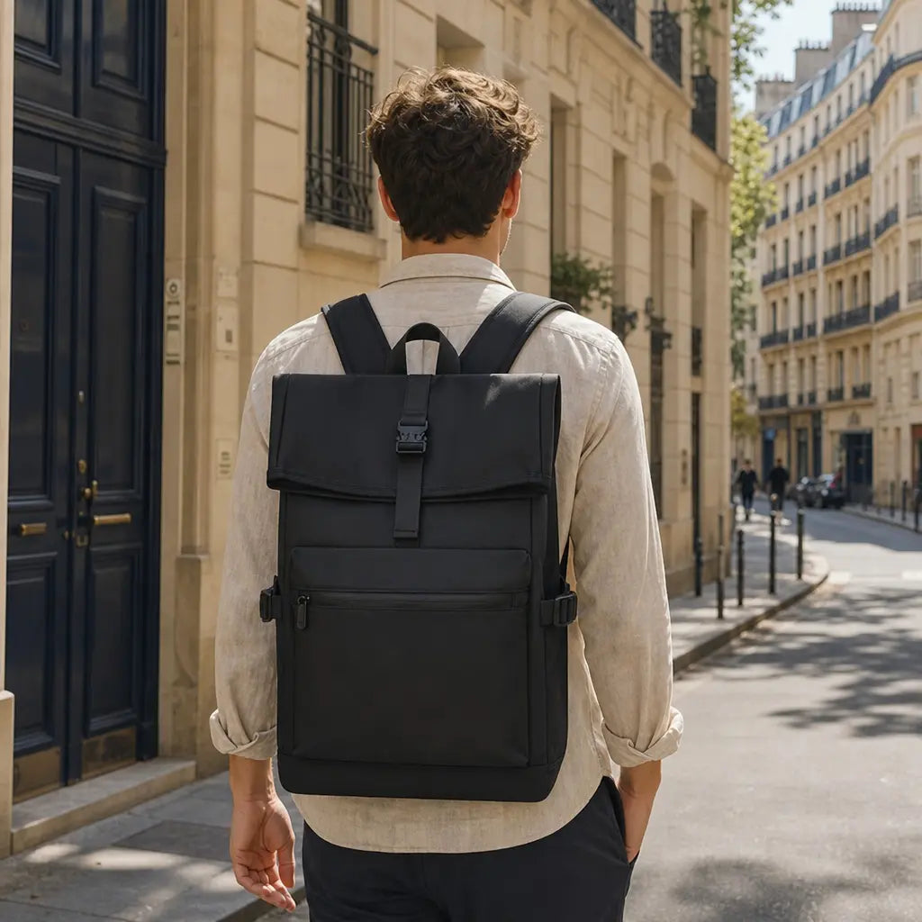 Sac à dos homme rolltop Noir porté dans une rue pavée de Paris