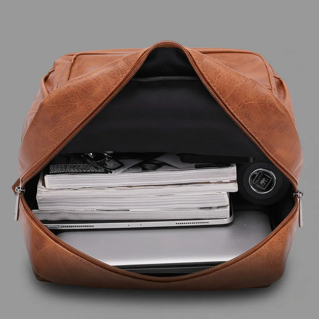 Intérieur du sac à dos homme ville chic Marron avec ordinateur et livres