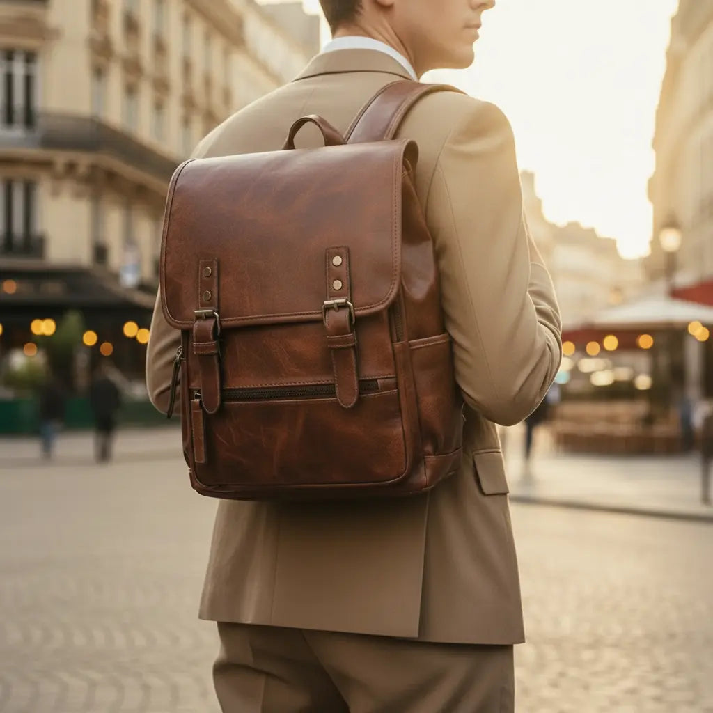 Sac à dos homme ville chic Marron porté par un homme en costume