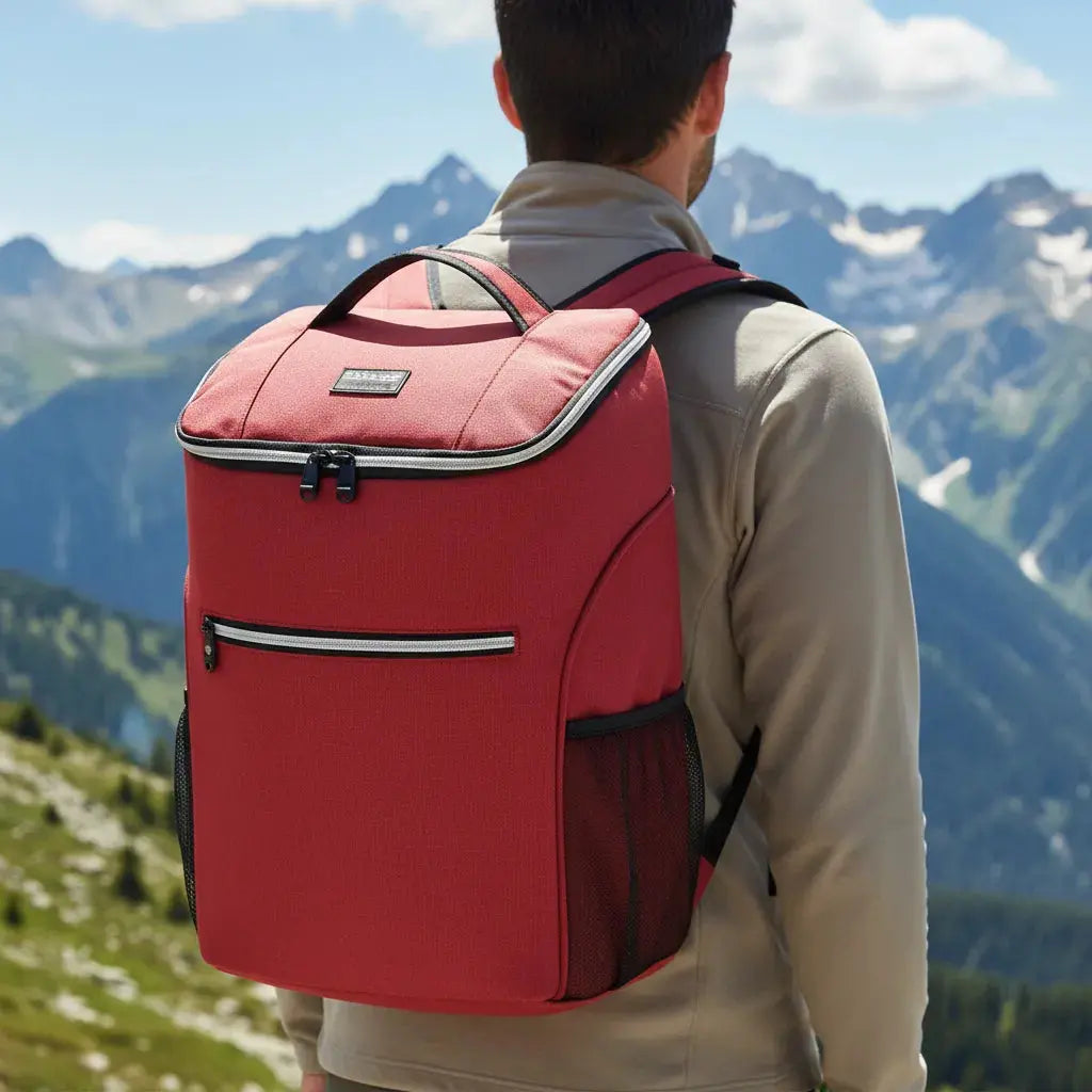 Sac à dos isotherme grande capacité Rouge porté en randonnée en montagne