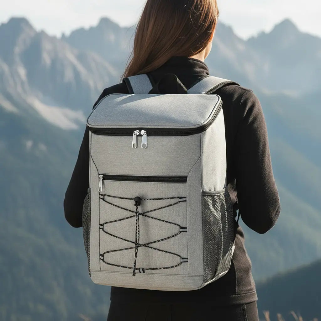 Sac à dos isotherme imperméable léger Gris porté en randonnée face aux montagnes