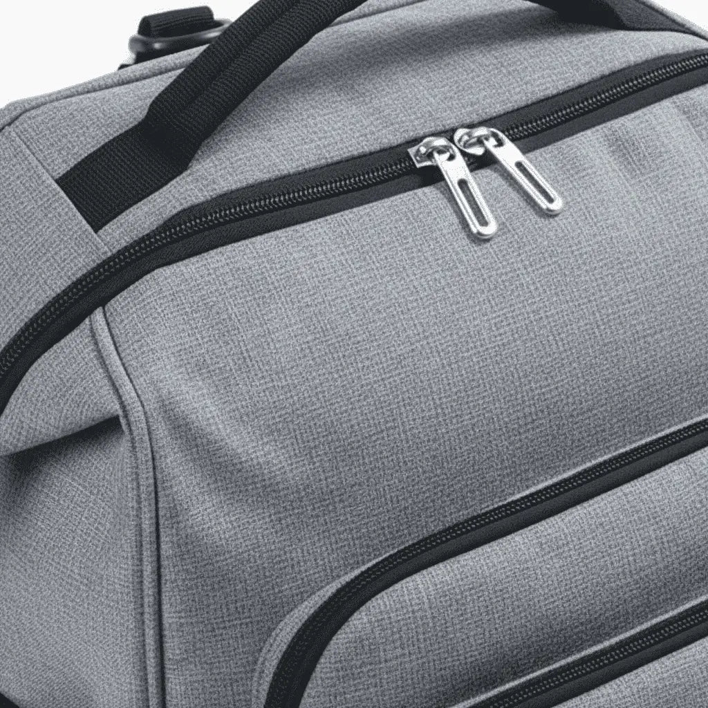 Détail des fermetures éclair du sac à dos isotherme pliable Gris