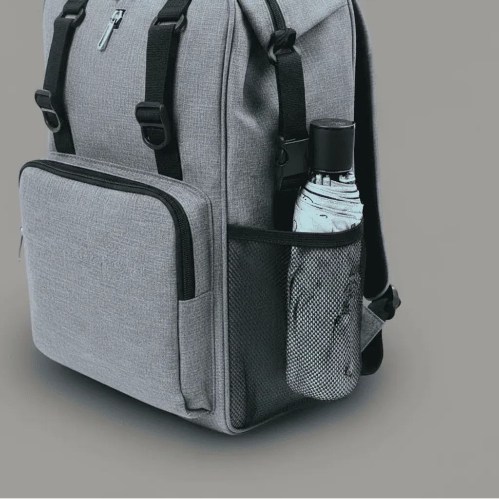 Détail du sac à dos isotherme pliable Gris, poche latérale en filet avec gourde