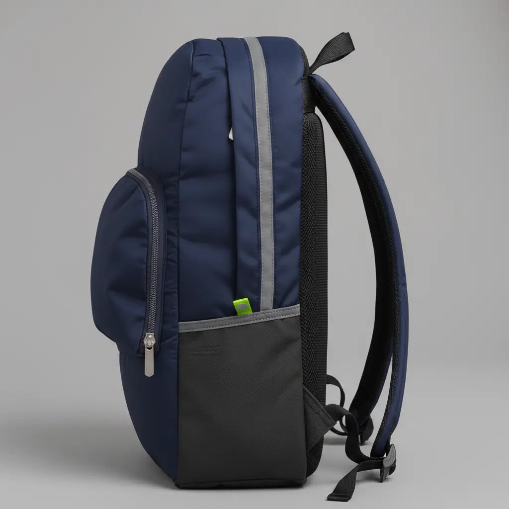 Détail du profil du sac à dos léger voyage Bleu Sombre et bande réfléchissante