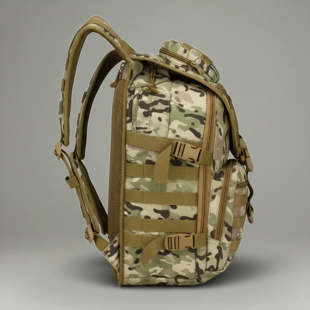Sac à dos militaire imperméable Camouflage Forêt, vue de côté