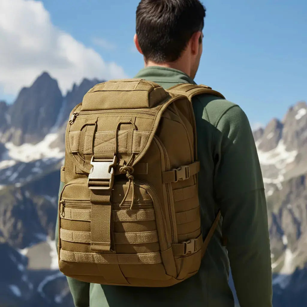 Sac à dos militaire imperméable Neutre Brun porté lors d'une randonnée en forêt