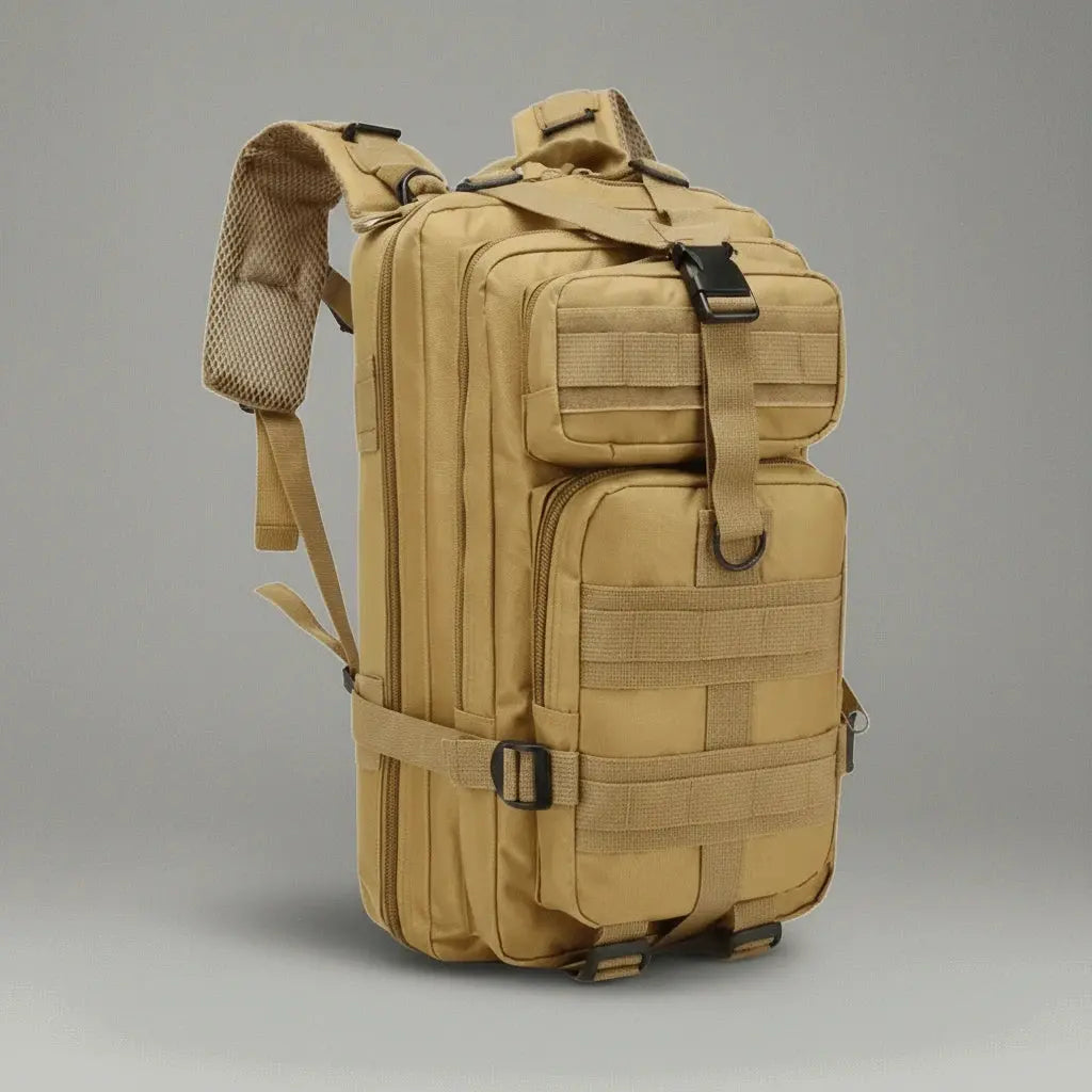 Sac à dos militaire neutre beige, vue de profil