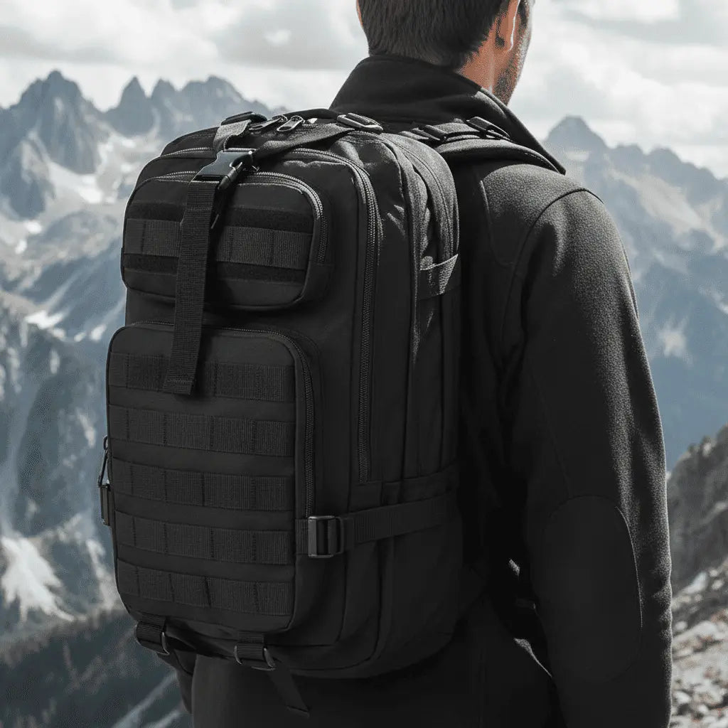 Sac à dos militaire multifonctionnel Neutre Noir, porté à la montagne