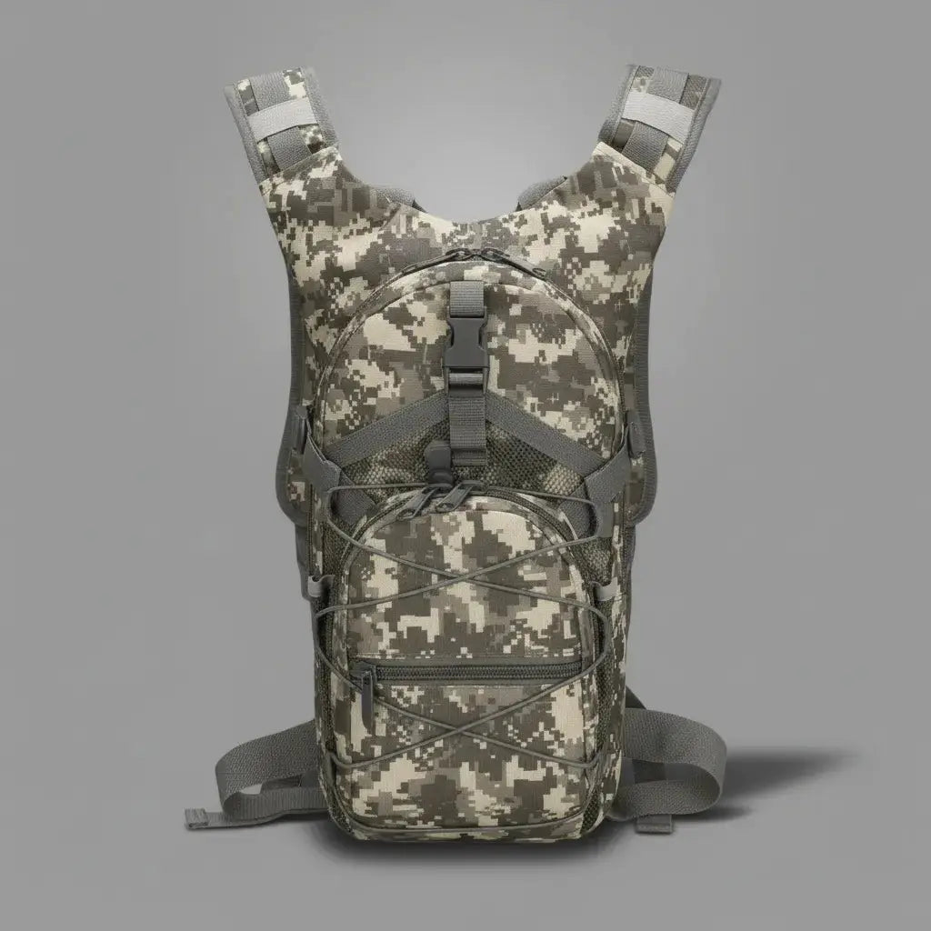 Sac à dos montagne Camouflage Digital, vue de face montrant les détails techniques