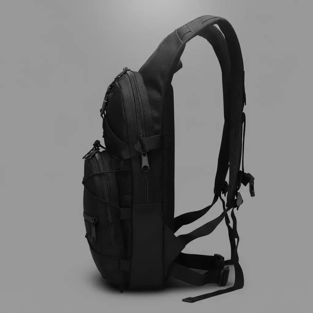 Sac à dos montagne Noir, vue de côte avec détail des boucles de serrage et des attaches