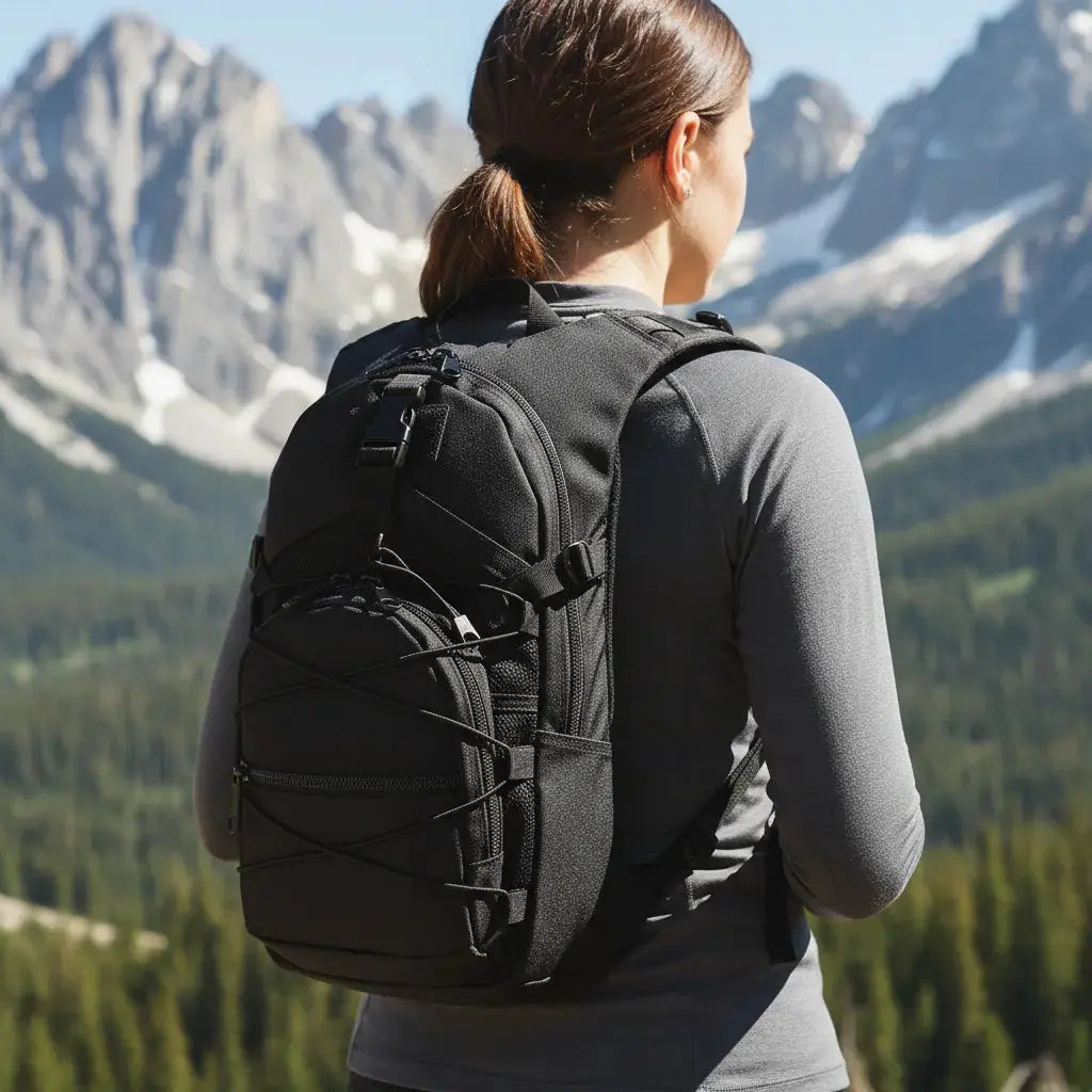 Sac à dos montagne Noir porté par une femme en randonnée face aux montagnes