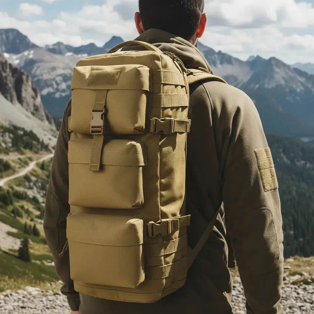 Sac à dos multi-compartiments Neutre Brun, porté en montagne