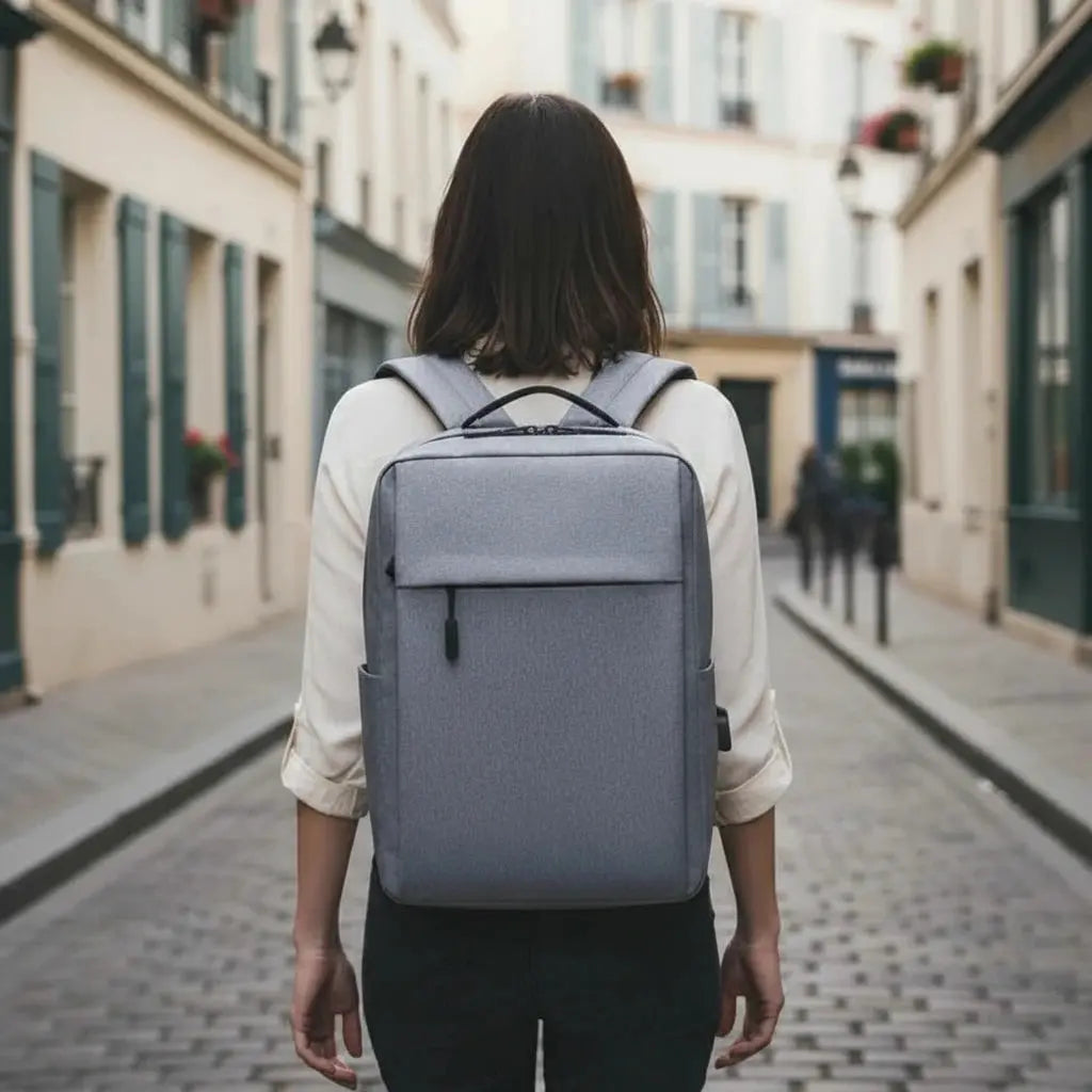 Sac à dos ordinateur décontracté Gris porté par une femme en promenade urbaine