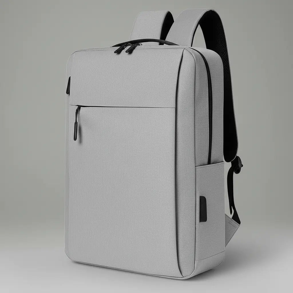 Sac à dos ordinateur décontracté Gris, vue de profil avec poche latérale