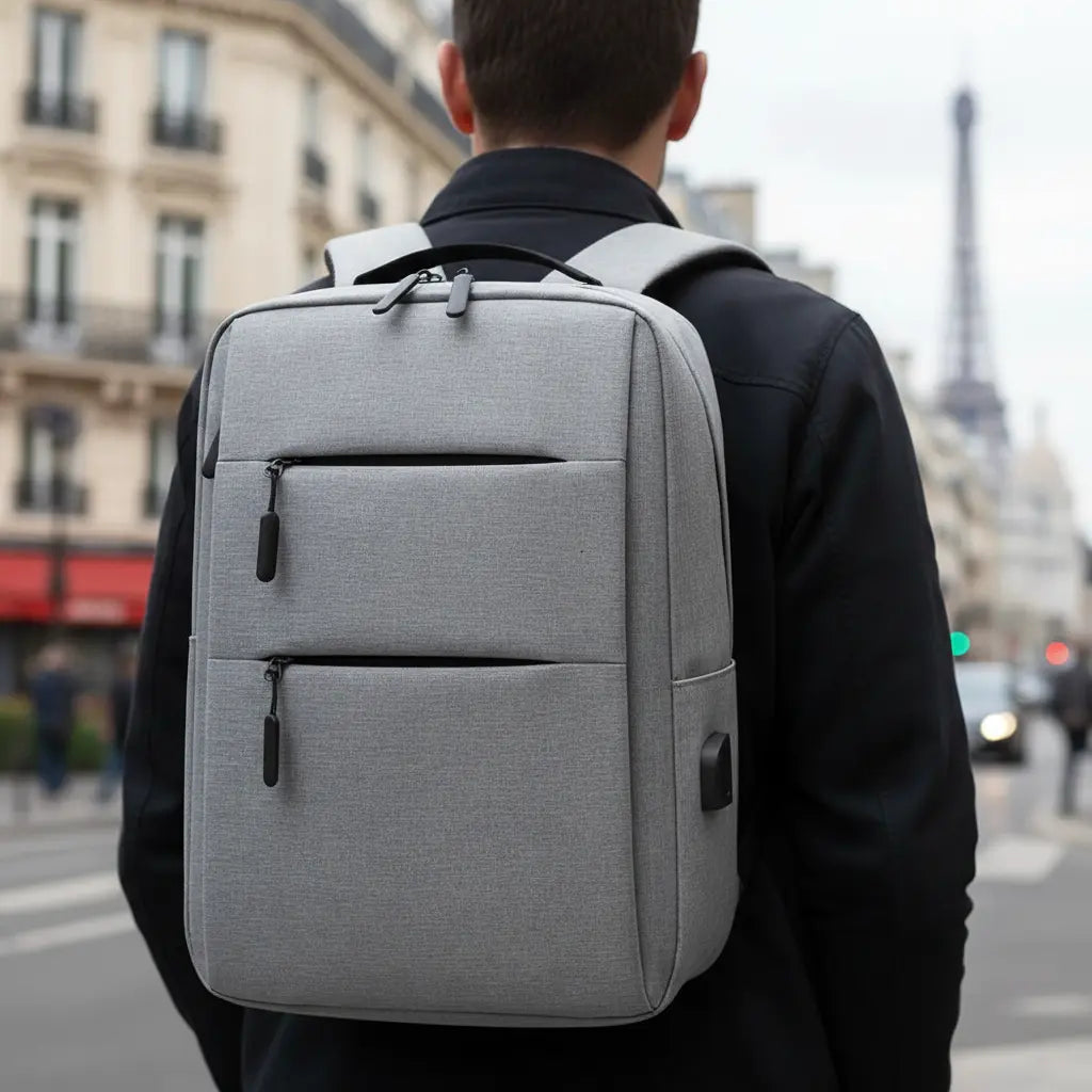 Sac à dos ordinateur grande capacité Gris porté par une personne en ville
