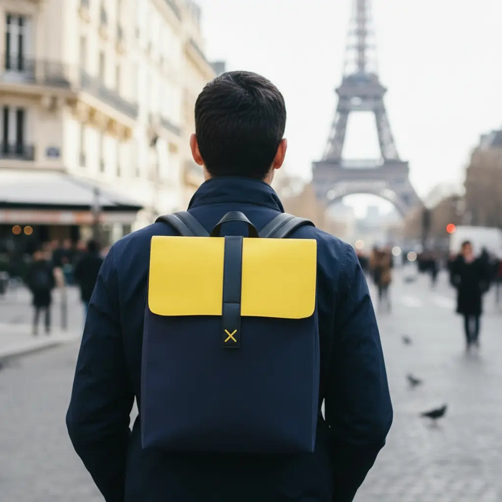 Sac a dos ordinateur homme tendance Gris porté par un homme en milieu urbain