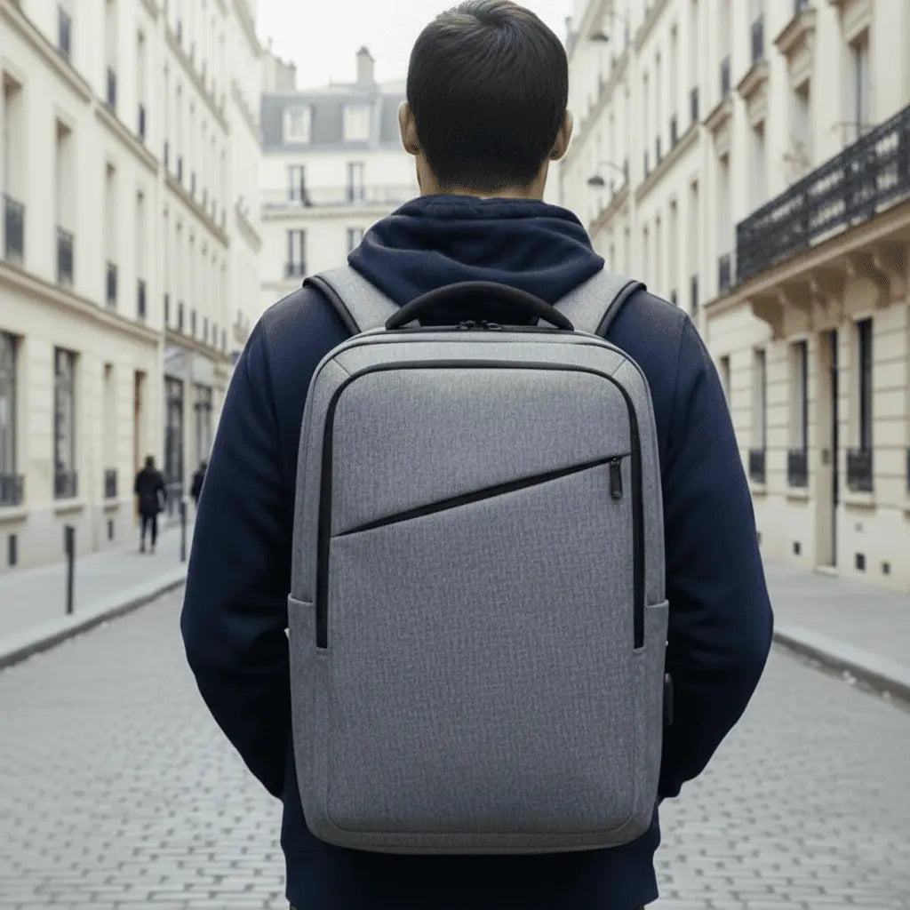 Sac à dos ordinateur imperméable homme Gris porté par un homme en ville