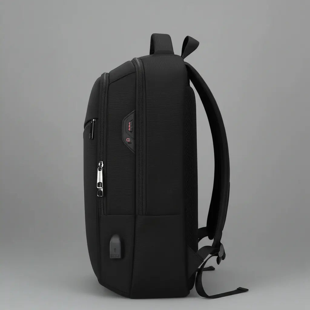 Sac à dos ordinateur imperméable homme Noir, vue de côté avec bretelles