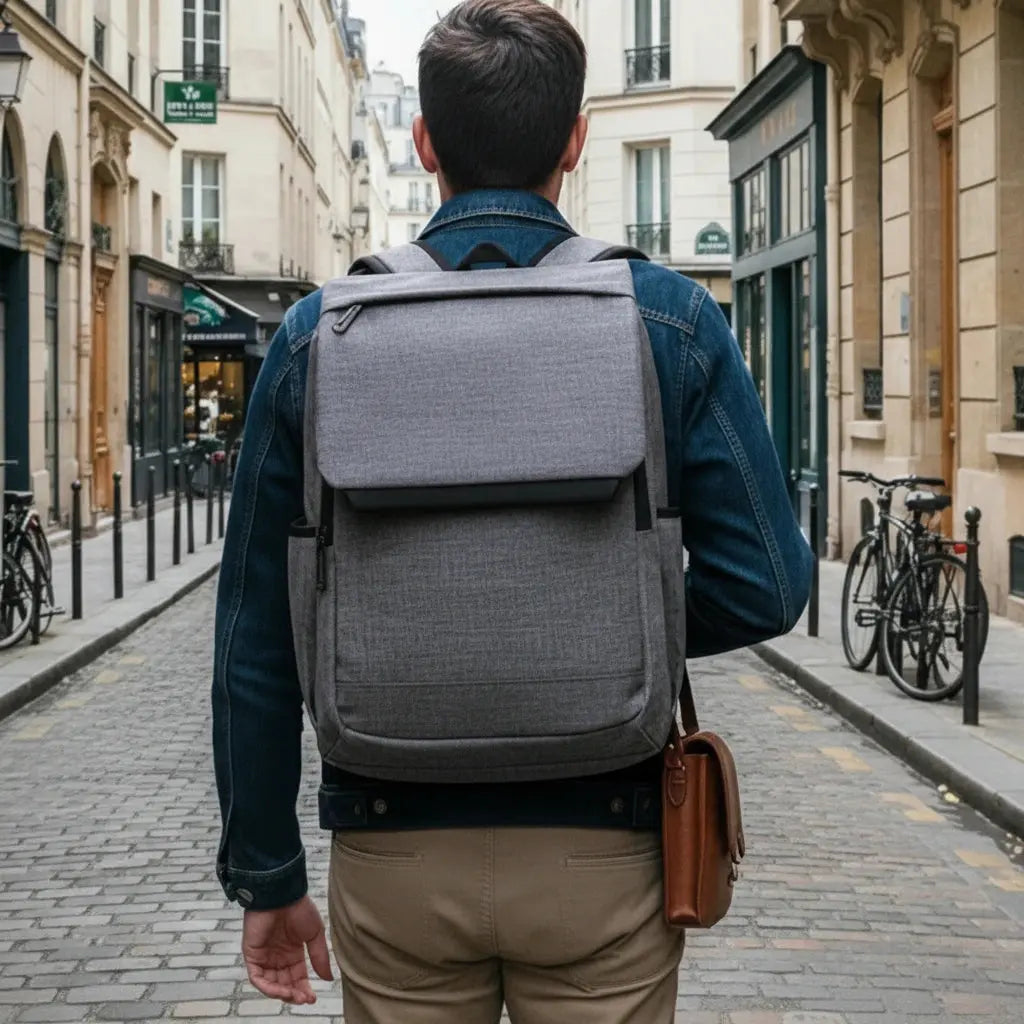 Sac à dos ordinateur urbain Gris porté par une personne marchant en ville