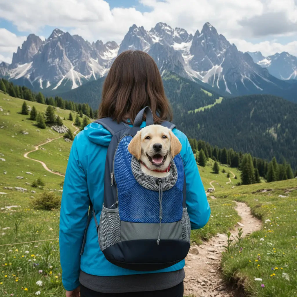 Sac à dos pour chien randonnée Bleu avec un chiot en balade en montagne