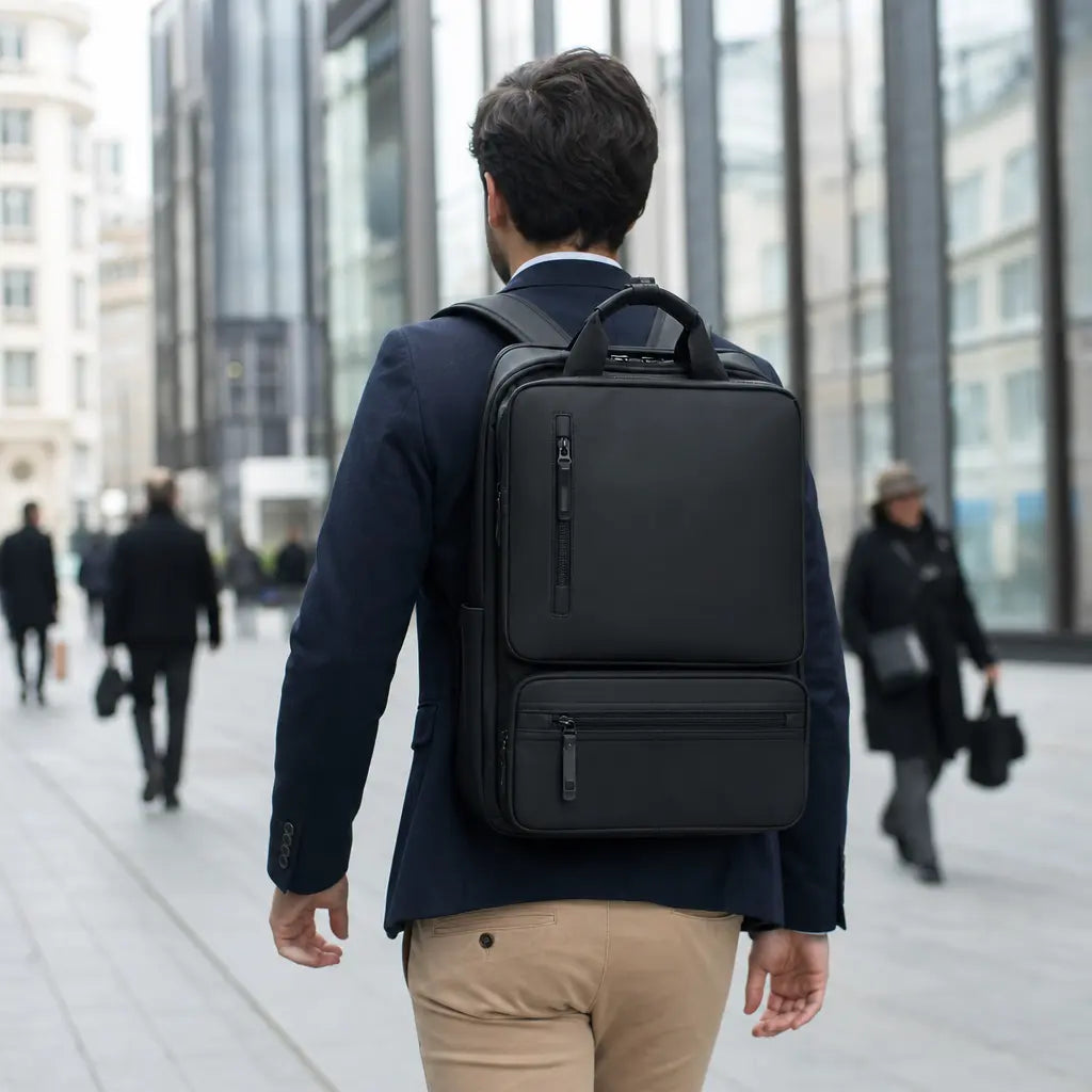 Homme portant le sac à dos professionnel Noir dans une rue d'affaires à Paris