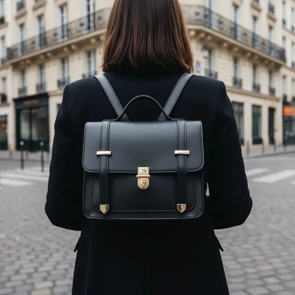 Sac à dos rétro vintage Noir porté par une femme en ville