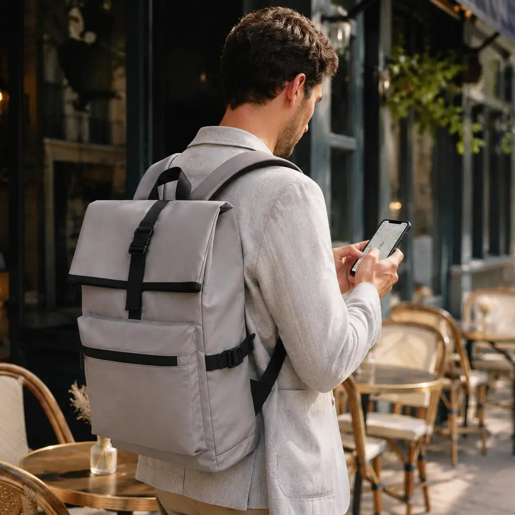 Sac à dos homme rolltop Gris porté dans une rue à Bordeaux