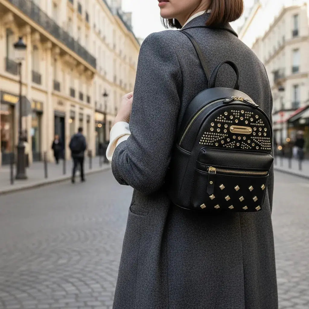 Sac à dos style punk Noir porté dans une rue de Paris