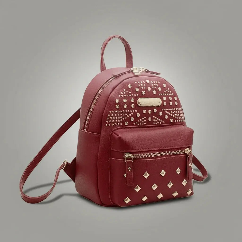 Sac a dos style punk Rouge, vue de profil avec poche latérale zippée