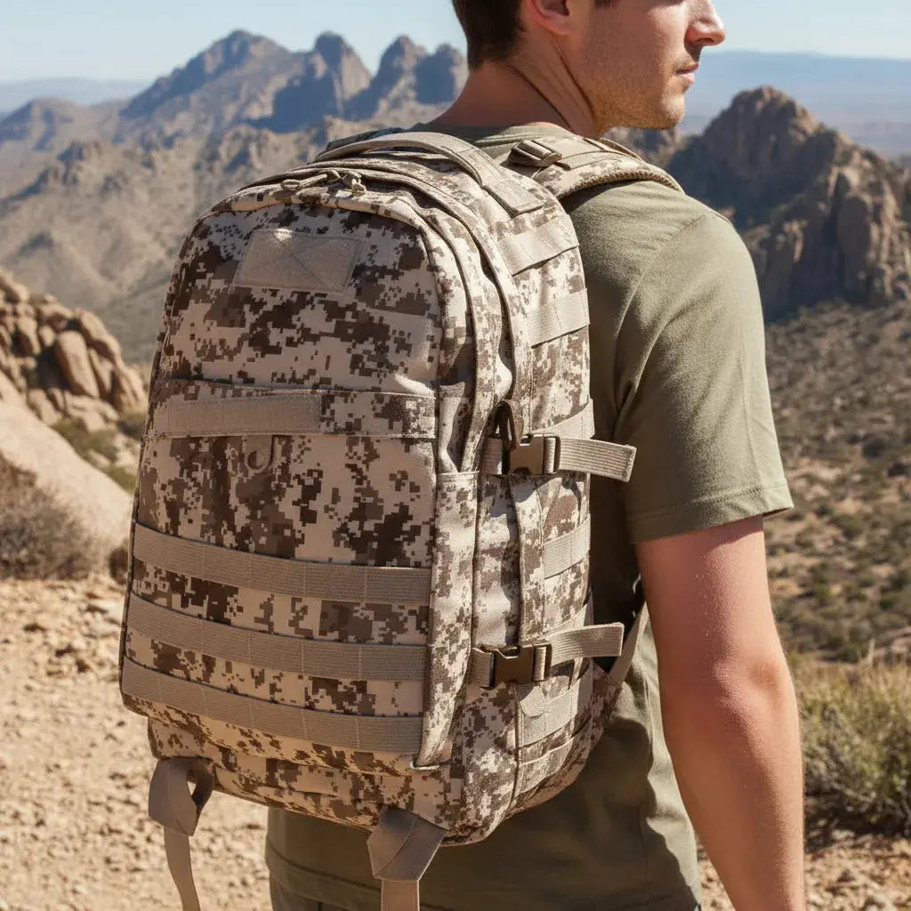 Sac à dos tactique multifonctionnel Desert Digital porté en randonnée en montagne