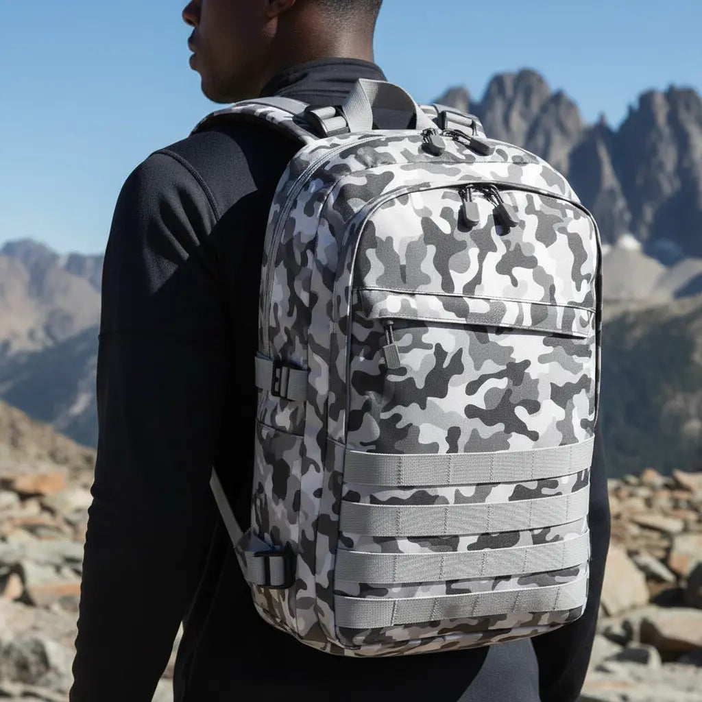 Sac à dos tactique USB Camouflage Blanc porté en montagne